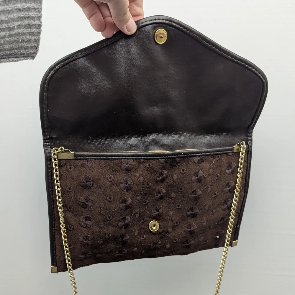 Vintage Envelope Clutch Medium Brown Floral Eyelet Gold Chain Strap Earthy Tones